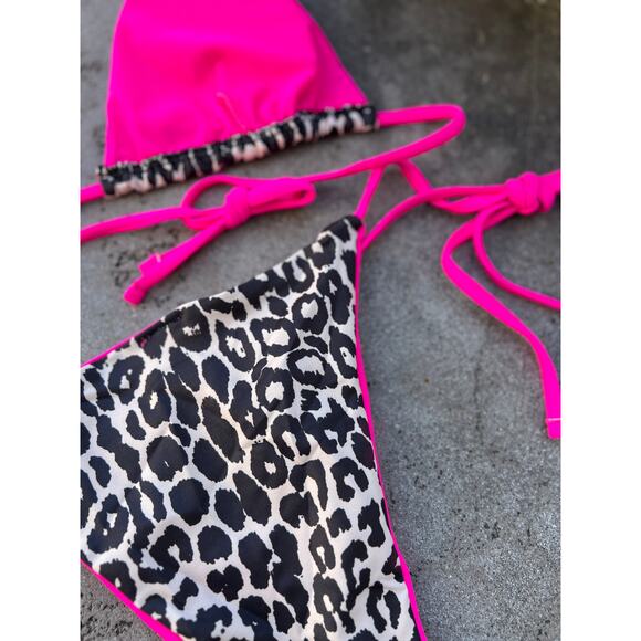 Hot Pink Leopard Print Triangle Halter Top Cheeky String Bikini MEDIUM A-D Cup - Picture 7 of 9
